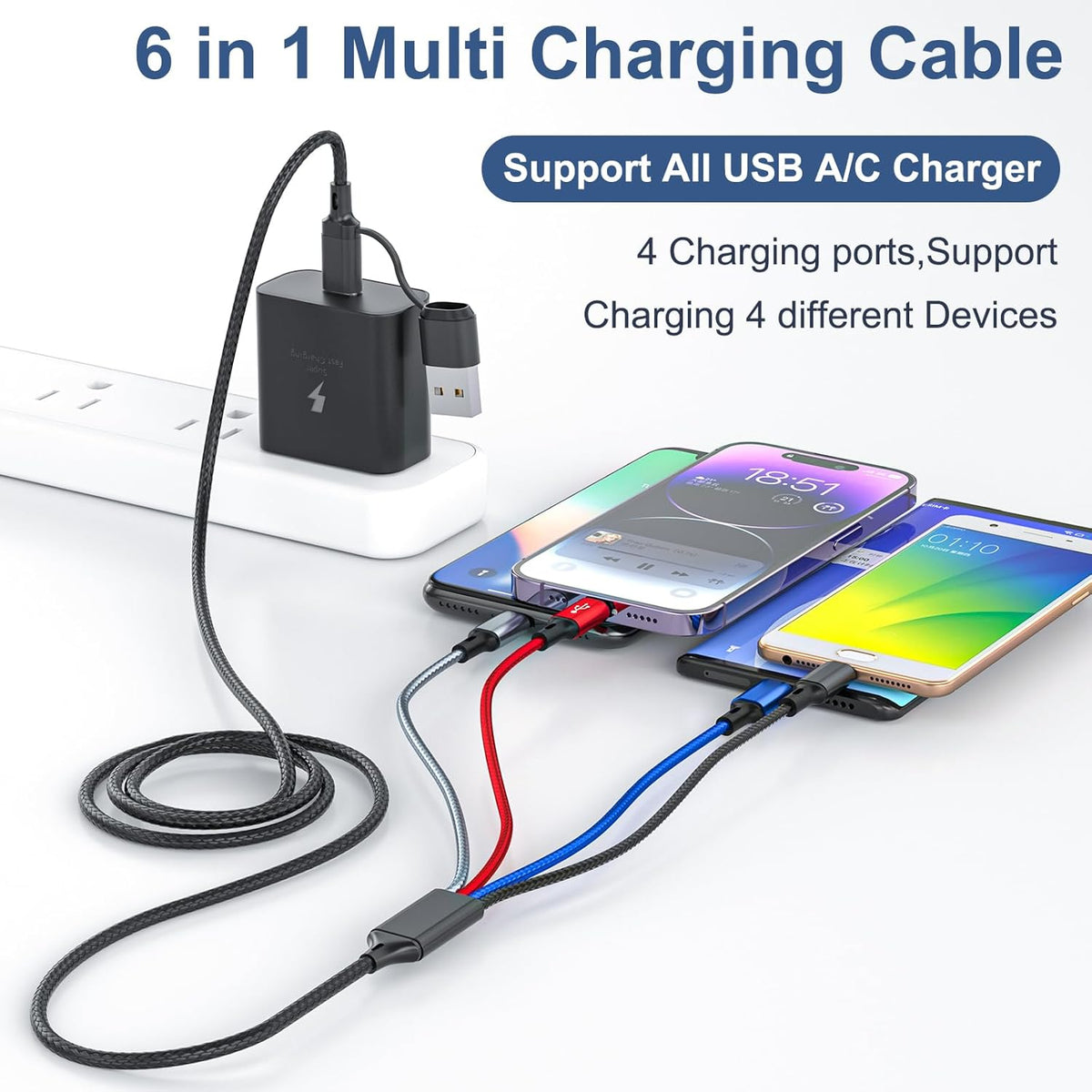 6 in 1 Multi Charging Cable 2Pack - 6FT USB Cable 3A Charger Cable Braided Universal USB A/C Charging Cord With 2*IP/Type C/Micro USB Port for Cell Phone/Tablets