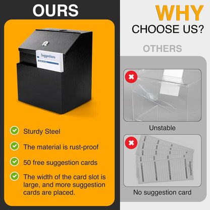 Suggestion Box with Slot and Lock Metal 8.4 x 5.8 x 7.0 inch Built-In Storage Compartment 50 Suggestion Cards Tip Jar Ballot Voting Prayer Comment Teacher Mailbox Booth Classroom Restaurant