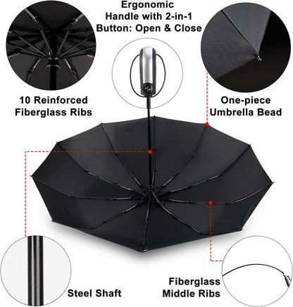 TradMall 2 Pack Travel Umbrella Windproof 46/56 Inches Large Canopy Reinforced Fiberglass Ribs Auto Open & Close