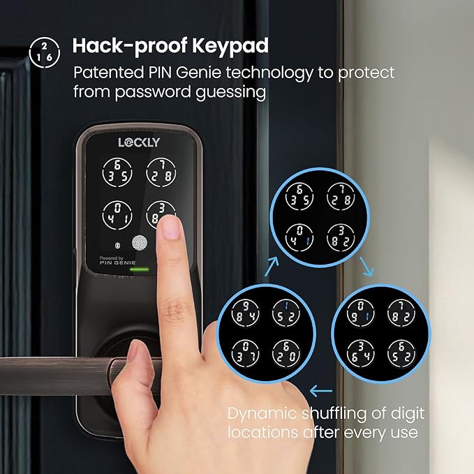Lockly Secure Plus Bluetooth Smart Door Lock, Keyless Entry with PIN Genie® Digital Keypad, 3D Biometric Fingerprint Sensor Front Door Lock with Handle, Voice Control & Auto Lock - Latch Edition