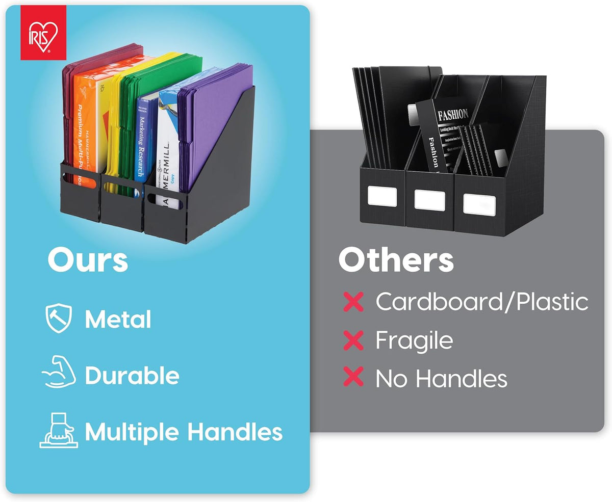 IRIS USA Metal Magazine File Holders, 6 Pack, for Letter/Legal File, Durable Vertical Desktop File Paper Organizer, File Storage Box Stand Rack for Document Notebook Binder Home Work Office, Black