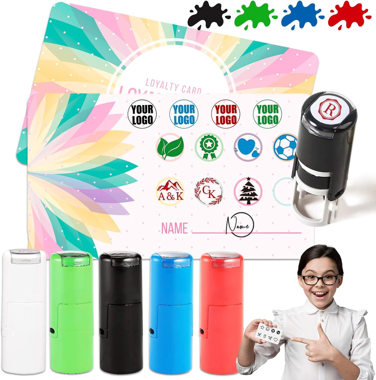 Custom Loyalty Card Stamp Self Inking & Refillable 4 Ink Color Options Upload Your Logo 12mm Personalized Mini Stamp for Coffee Cards, Reward Programs, Journals