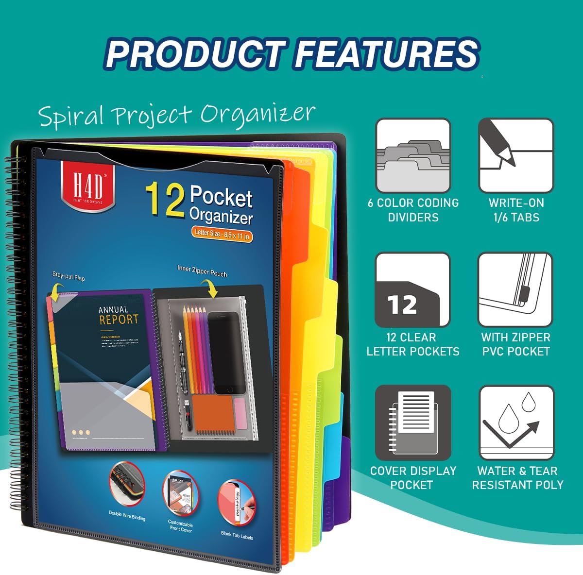 H4D 12 Pocket Poly Project Organizer, Spiral Multi Pocket Folder Organizer, Multi-Subject Folder Notebook, Letter Size