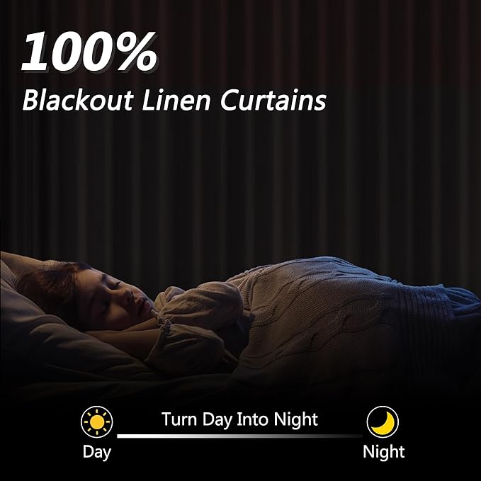 Guken White 100% Blackout Linen Curtains 144 Inch Length 2 Panels Set for Living Room Bedroom Back Tab Thermal Insulated Black Out Drapes Room Darkening Window Curtains