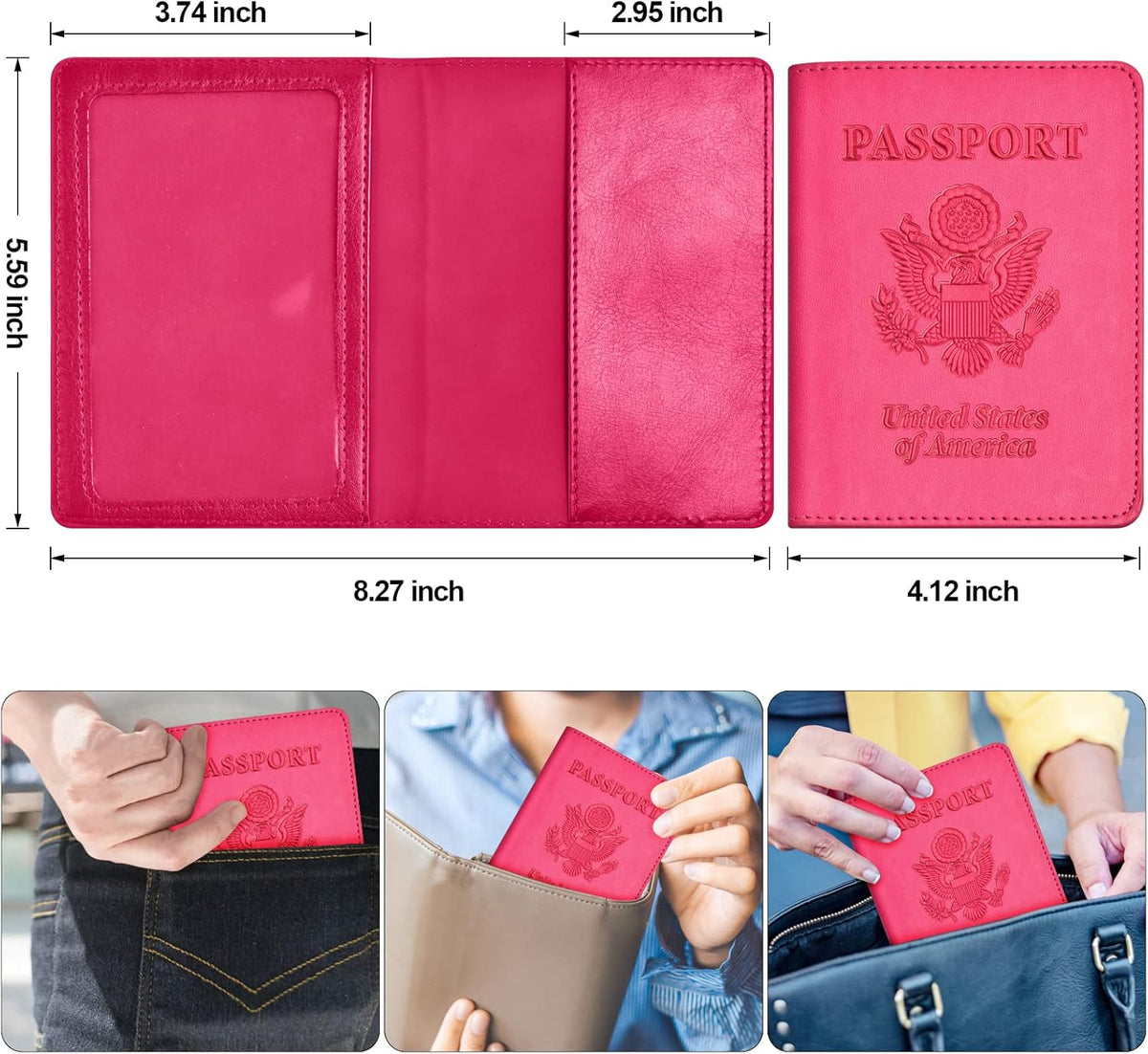 Passport and Vaccine Card Holder Combo, with Slot, Wallet, Cover, Case, for Women Men(AD-Rose Red)