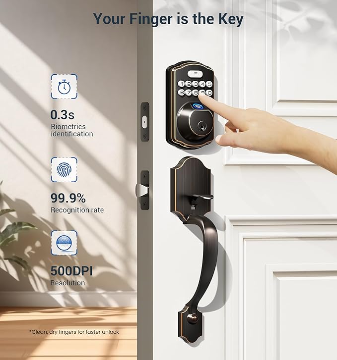 Veise Fingerprint Door Lock Set, Keyless Entry Door Lock, Front Handle Set, Electronic Keypad Deadbolt with Lever Handle, 2 Keys, Auto-Locking, One-time Codes, Easy to Install, Oil Rubbed Bronze