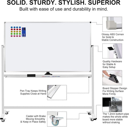 Mobile Whiteboard 72"x40" Magnetic Dry Erase White Boards on Wheels Double-Sided Large Whiteboard with Rolling Stand for Classrooms, Offices and Home