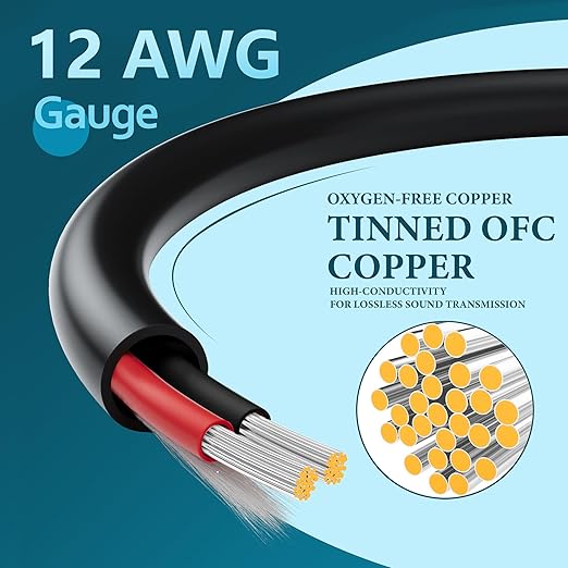 HiFind 12/2 Gauge Speaker Wire Cable 50 Ft-Tinned OFC Copper-UL CL3 Rated-