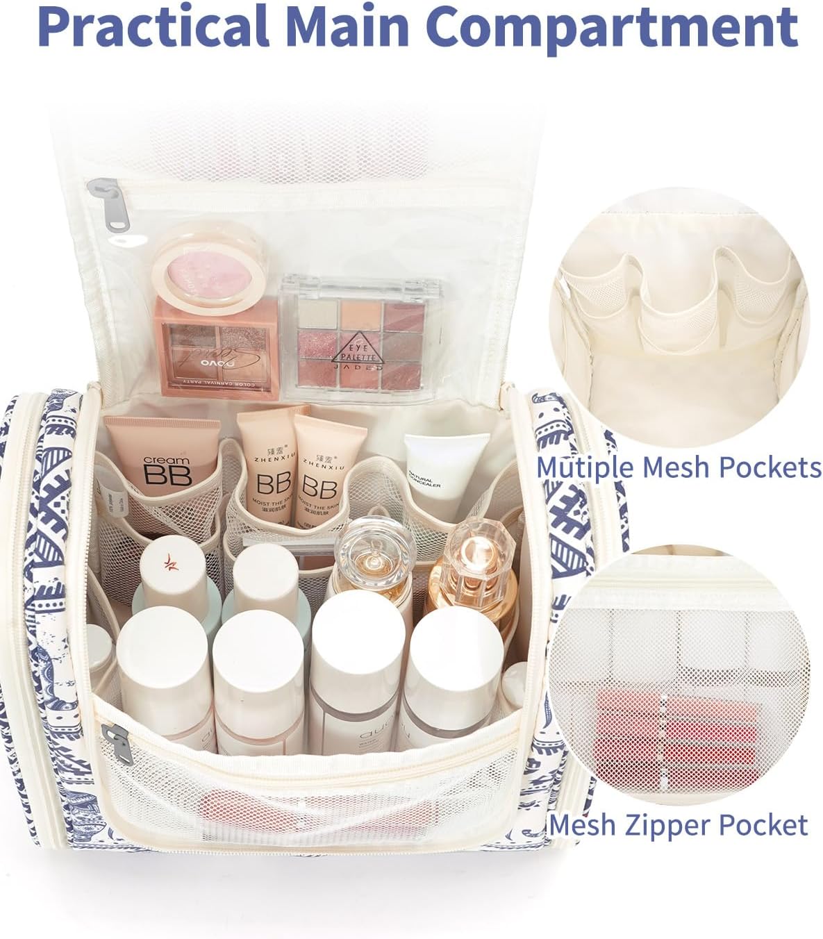 Narwey Hanging Toiletry Bag for Women Travel Makeup Bag Organizer Toiletries Bag for Cosmetics Essentials Accessories (Large, Elephant)