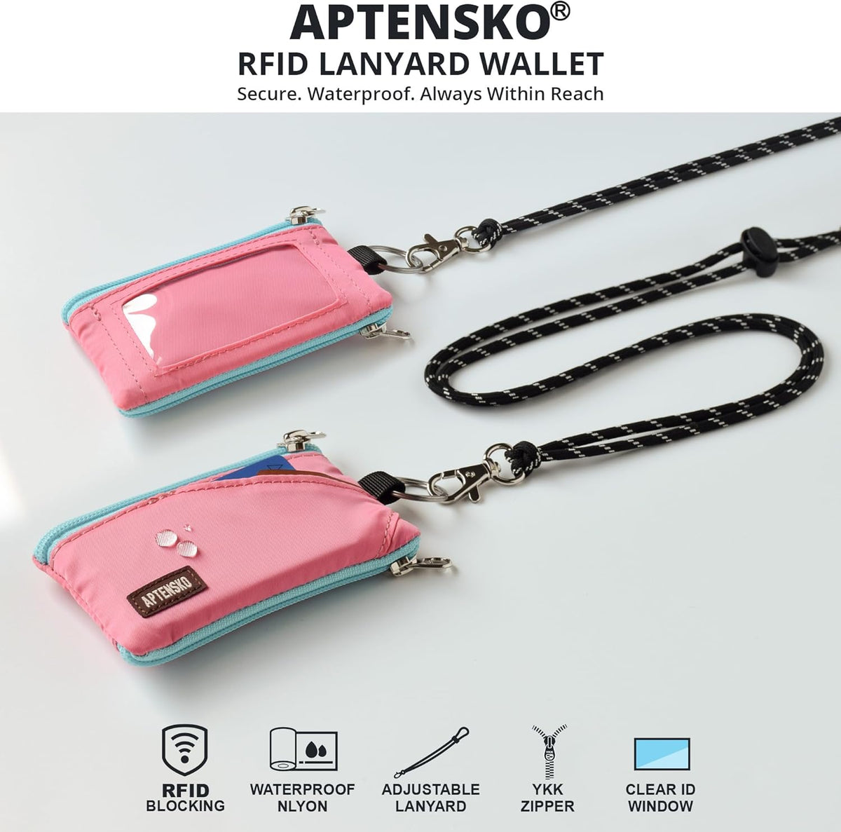 RFID Travel Wallet with Adjustable Lanyard-Zipper Small Wallet with ID Card Holder, Keychain for women&men-Minimalist Slim Waterproof Nylon case for ID, Cash, Key (Pink)