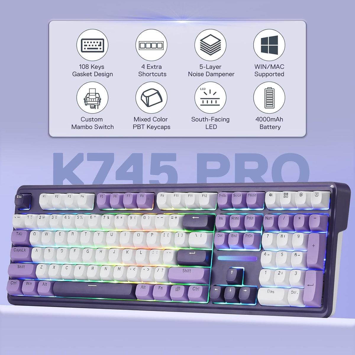 Redragon K745 PRO Wireless Gasket RGB Gaming Keyboard, 108 Keys Mechanical Keyboard w/Extra 4 Hotkeys, Hot-Swap South-Facing LED Socket, 5-Layer Noise Dampening, Round PBT Keycaps, Mint Mambo Switch