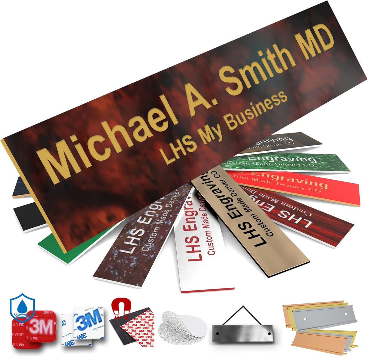 Engraved Name Plates for Door Sign Personalized Burlwood Plastic Plaque with Gold Letters - Made in USA 2x12 N2