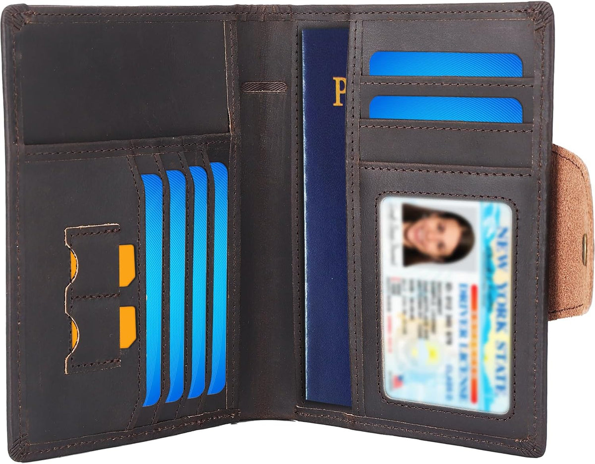 STAR VISTA Carmen Leather Passport Wallet, Dual Bifold Cash Pockets, RFID Blocking, ID Window, 6 Card Slots, Coin Pocket, SIM Slots, AirTag Slots, Dark Brown
