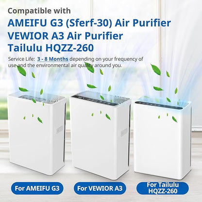 G3 Air Purifier Replacement Filter for AMEIFU, Compatible with AMEIFU G3 Sferf-30 (FXAP2W) Air Purifier For VEWIOR A3 Air Purifier filter For Tailulu HQZZ-260 3-IN-1 HEPA, 3 Pack