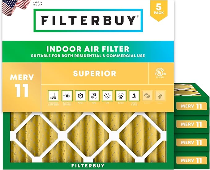 Filterbuy 14x14x2 Air Filter MERV 11 Superior Pet & Allergy Defense (5-Pack), Electrostatic Pleated HVAC AC Furnace Filters Replacement, Made in USA (Actual Size: 13.50 x 13.50 x 1.75)