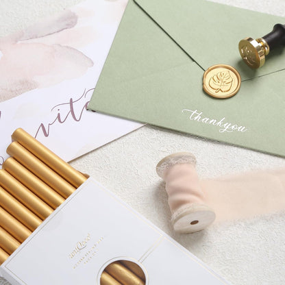 UNIQOOO Mailable Glue Gun Sealing Wax Sticks for Wax Seal Stamp - Metallic Gold, Great for Cards, Wedding Invitations, Envelopes, Snail Mails, Wine Packages, Gift Ideas, Events, Pack of 8