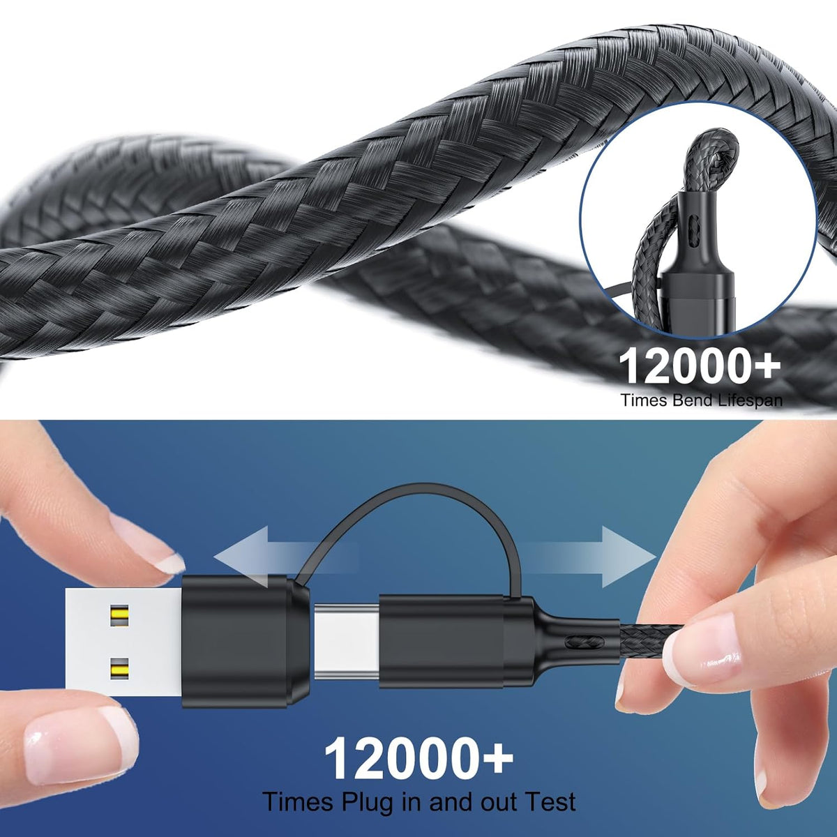 6 in 1 Multi Charging Cable 2Pack - 6FT USB Cable 3A Charger Cable Braided Universal USB A/C Charging Cord With 2*IP/Type C/Micro USB Port for Cell Phone/Tablets