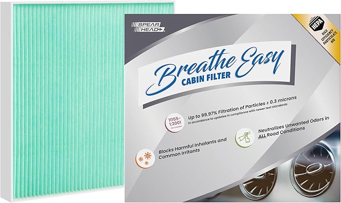 Spearhead HEPA Breathe Easy Cabin Filter, Up to 99.97% Filtration of 0.3 Micron Particles w/No Airflow Reduction (BE-729H)