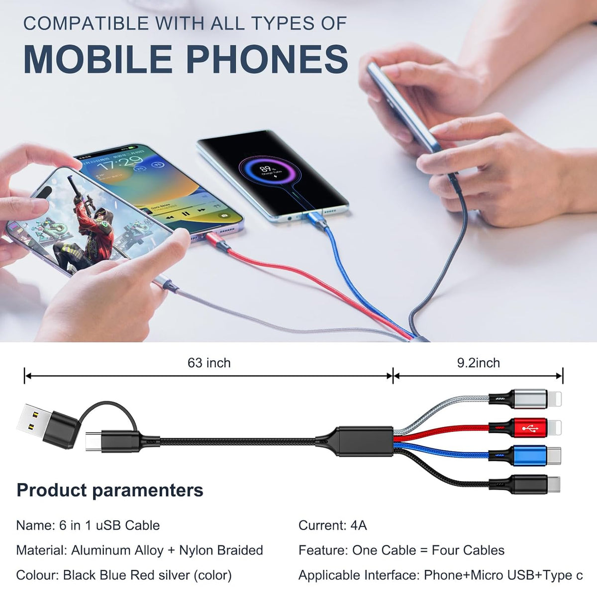 6 in 1 Multi Charging Cable 2Pack - 6FT USB Cable 3A Charger Cable Braided Universal USB A/C Charging Cord With 2*IP/Type C/Micro USB Port for Cell Phone/Tablets