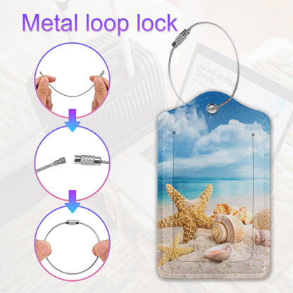 2 Pack Leather Luggage Tag for Suitcase Beach Starfish Seashell Seaside Unique Travel Tags with Privacy Cover ID Label & Stainless Steel Loop for Men and Women Baggage