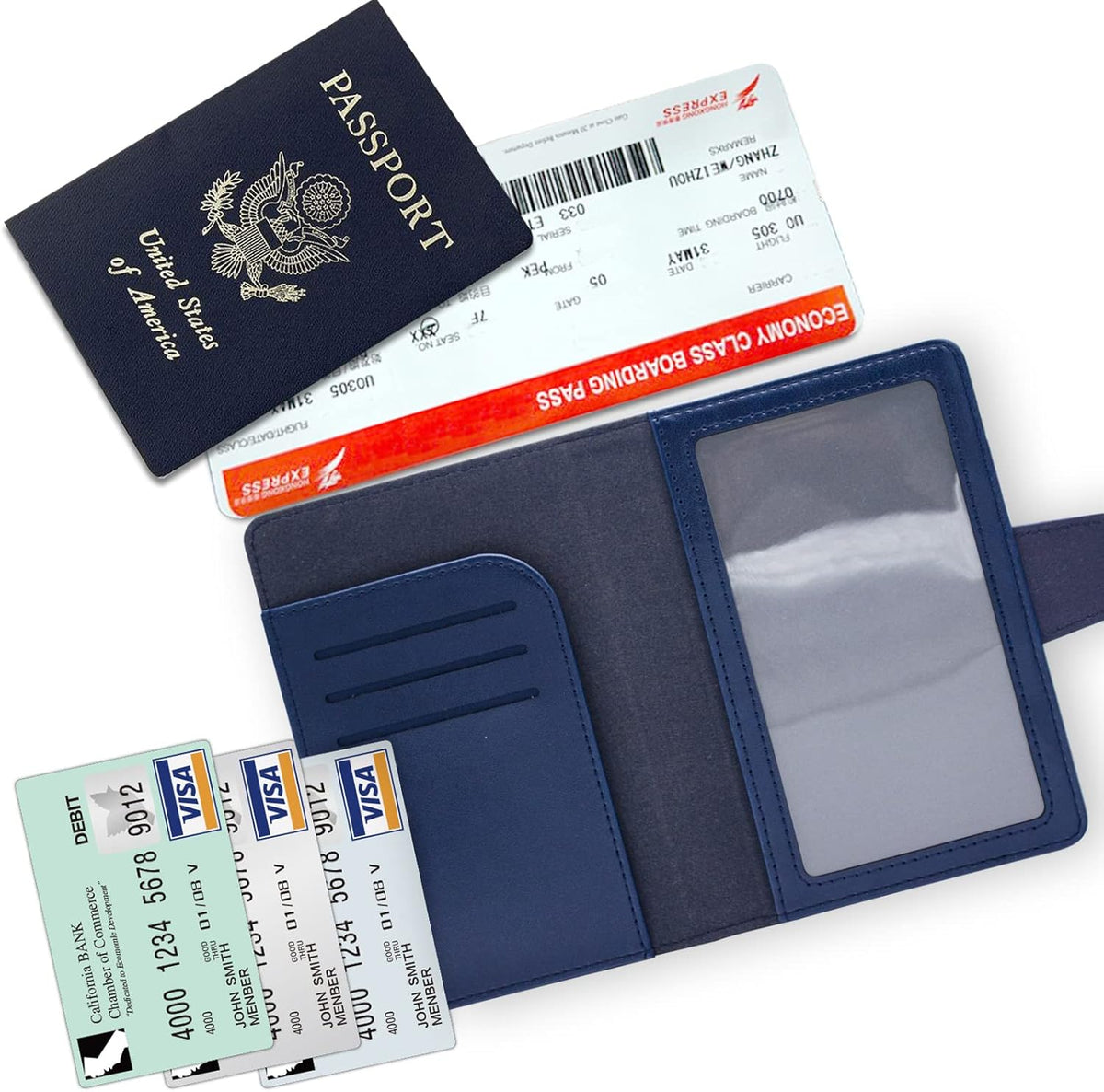 RFID Blocking Genuine Leather Wallet Passport Holder for Travel with Credit Card Slots and Ticket Pocket Durable Design (Blue)