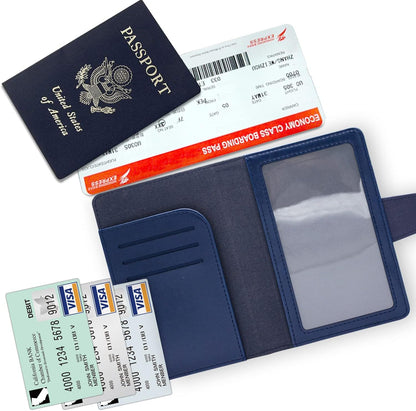 RFID Blocking Genuine Leather Wallet Passport Holder for Travel with Credit Card Slots and Ticket Pocket Durable Design (Blue)