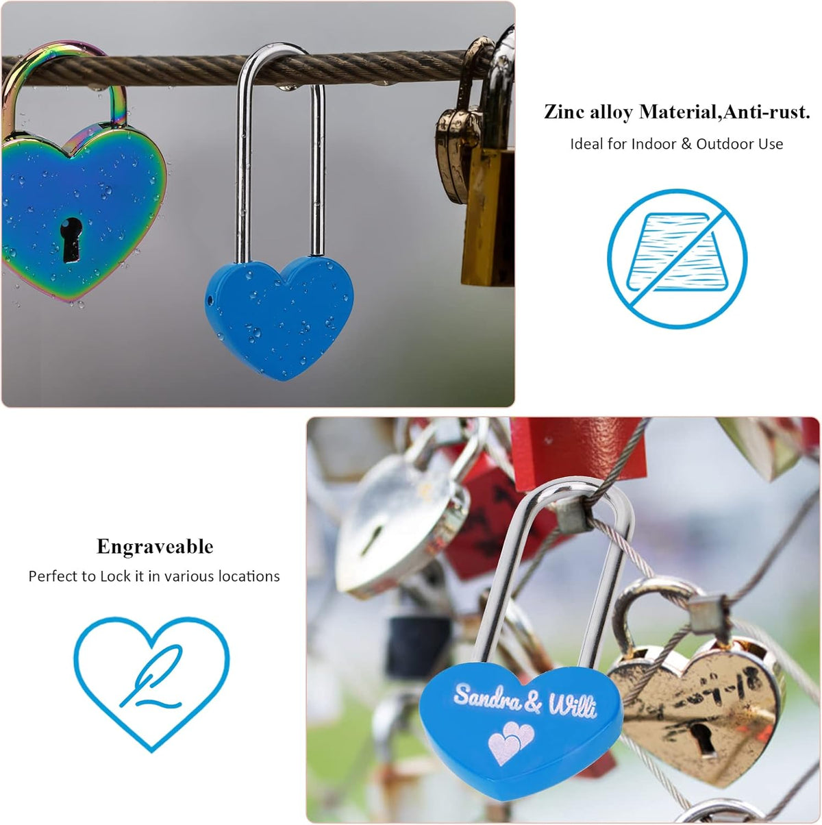 Love Lock Heart Padlock, Blue Single Heart Wish Lock for Lovers Wedding, Valentines, Anniversary, Travel, Valentines Day(No Key)