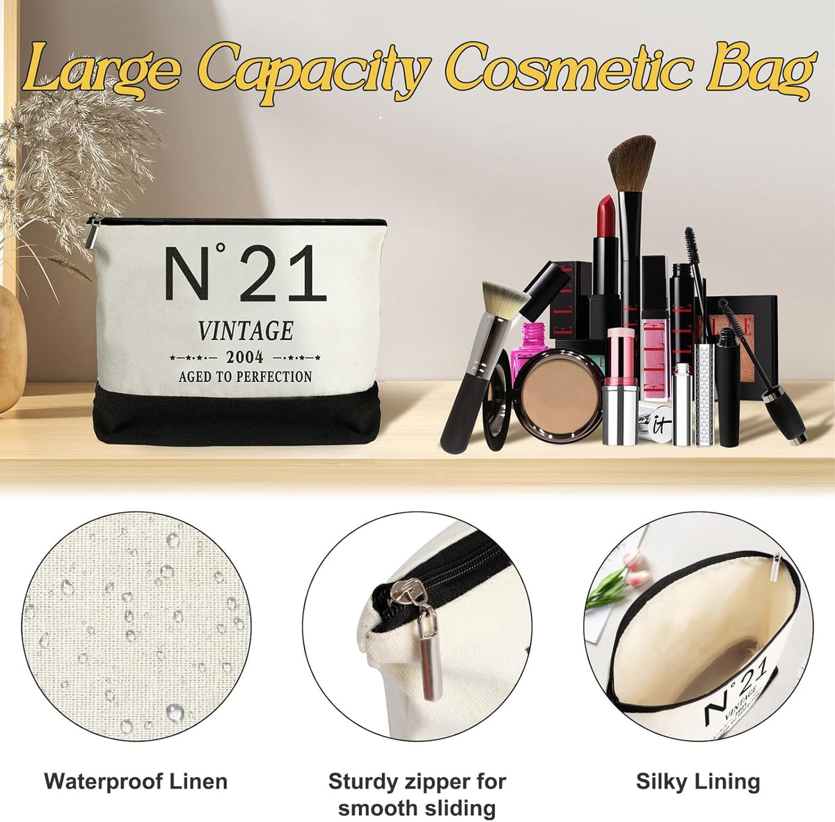 21st Birthday Gifts for Her Canvas Tote Bag Travel Gear, Unique 21 Years Old Gifts for Girlfriend Sister Coworker Friends Classmate Women, Vintage N°21 Handbag & Cosmetic Bag & Back in 2004 Poster