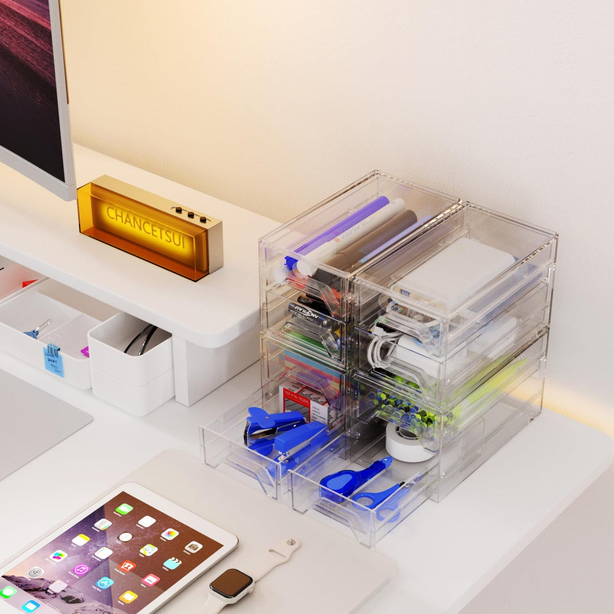 Desk Organizer Drawer Office Storage: 4 Plastic Drawers Organizers for Small Accessories, Clear Box for Stationery Supplies Organization, Storage Acrylic Bins Holder for Classroom Table