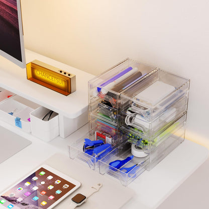 Desk Organizer Drawer Office Storage: 4 Plastic Drawers Organizers for Small Accessories, Clear Box for Stationery Supplies Organization, Storage Acrylic Bins Holder for Classroom Table