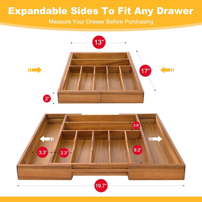Large Premium Acacia Silverware Organizer - Expandable Drawer Organizer & Utensil Organizer - 17"x19.7" Cutlery Tray with Dividers for Kitchen Utensils and Flatware (7-9 Slots) Acacia
