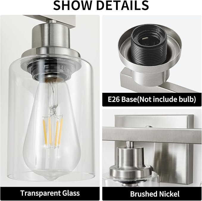DIKAIDA 3-Light Bathroom Light Fixtures, Nickel Bathroom Vanity Light