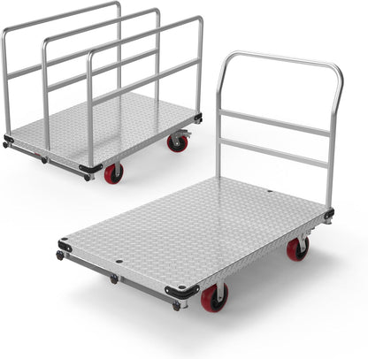 Extra Large Steel Panel Cart Dolly, 2IN1 Heavy Duty Drywall Lumber Truck with 3000 LBS Capacity, 44 x 28 inch 2MM Steel Plate Drywall Cart with 6" Swivel Brake Wheels, 1Front and 3Side Handrials