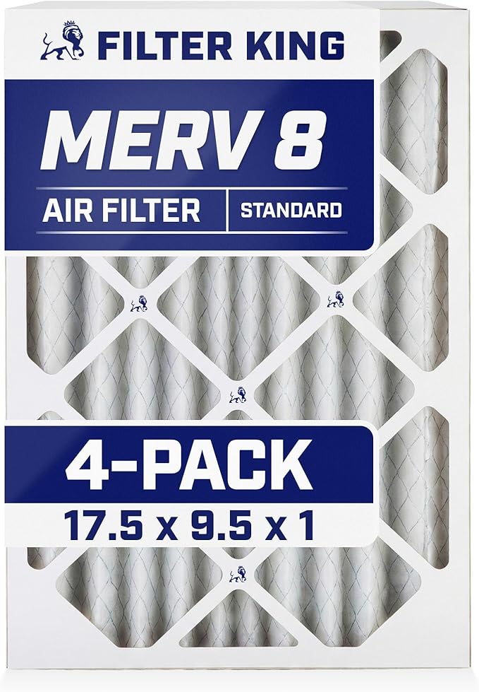 Filter King 17.5x9.5x1 Air Filter | 4-PACK | MERV 8 HVAC Pleated A/C Furnace Filters | MADE IN USA | Actual Size: 17.5 x 9.5 x .75"