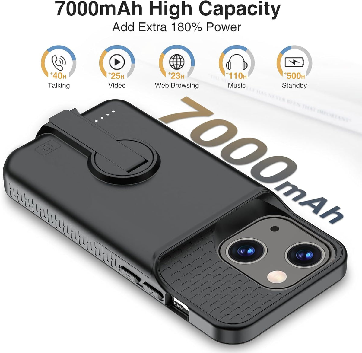 Battery Case for iPhone 13/13 Pro/14/14 Pro Charging Case with Stand 7000mAh Rechargeable Ultra-Slim Anti-Fall Protection Extended Charger Cover for iPhone 14/14Pro/13/13 Pro Battery Case 6.1" Black