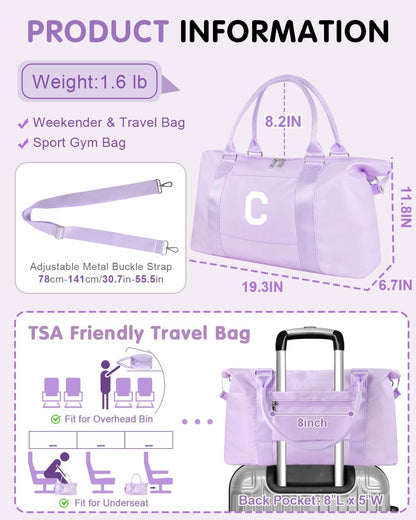Daughter Niece Gifts for Teen Girl Kids, Initial Travel Duffel Bag Sports Gym Bag Personalized Gifts Weekender Bag，Monogram Overnight Bag Cute Dance Bag Birthday Bridesmaid Gifts for Women(Purple, C)