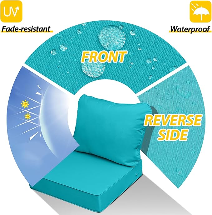 AAAAAcessories Outdoor Seat Cushions for Chairs, Fade-Resistant, Waterproof Patio Furniture Replacement Cushions, 23.5" x 25.5" x 5" + 23.5" x 19", Turquoise Blue