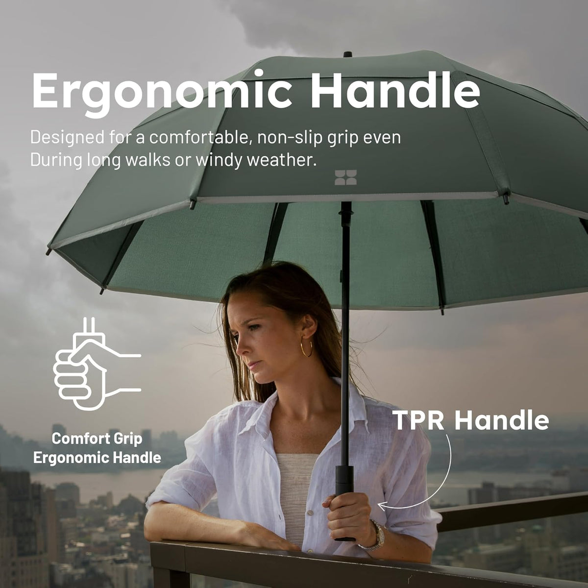 Weatherman Umbrella - Stick Umbrella - Windproof Umbrella Resists Up to 55 MPH Winds - (Sage)