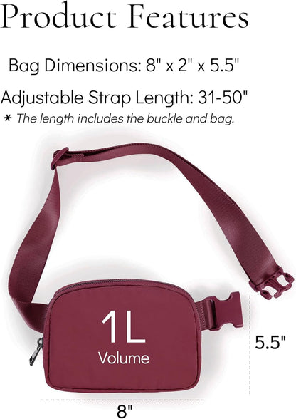 Waist Belt Bag for Women Lulu Dupes Mini Small Crossbody Purse Sling Bag Cute Fashion Waterproof Fanny Pack Over The Shoulder Bags Fashionable Travel Running Belt Pouch Bum Bag Red Merlot