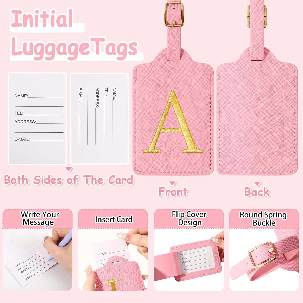 Initial Luggage Tags for Suitcases, Cute Embroidered Letter Luggage Bag Suitcase Identifier Name Baggage Tag, PU Leather Travel Luggage Tags, Bag Tags for Men Women Kids Luggage Handbags(Pink A)
