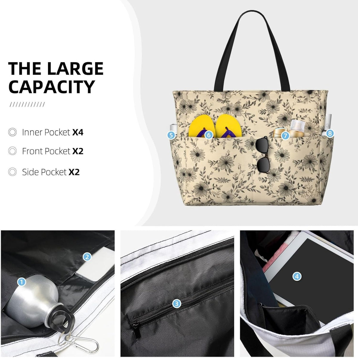 Beach Bag for Women Beach Tote Bag Waterproof Sandproof Large Bags with Zipper Big Capacity for Vacation Travel