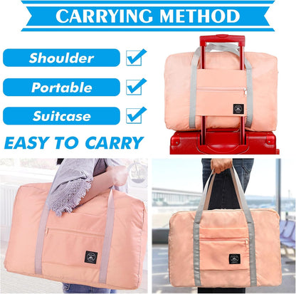 Travel Duffle Bag Tote Carry on Bag Nylon Lightweight Foldable Travel Bag Water Resistant Sports Gym Duffle Weekender Overnight Bag (Pink+Pe bag)