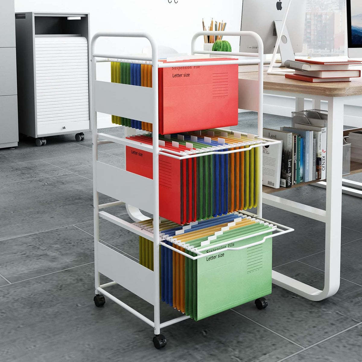 PUNCIA 3-Tier Metal Rolling File Cart with Wheels and Hanging Files for Letter Size - Movable Pull-Out Folder Rack Drawer Cabinet for Home Office