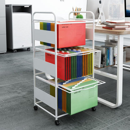 PUNCIA 3-Tier Metal Rolling File Cart with Wheels and Hanging Files for Letter Size - Movable Pull-Out Folder Rack Drawer Cabinet for Home Office