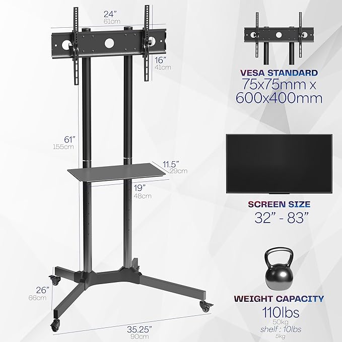 VIVO Mobile TV Cart for 32 to 83 inch Screens up to 110 lbs, LCD LED OLED 4K