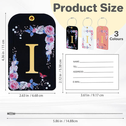 3 Pack Luxury Floral Luggage Tags, Durable PU Leather Suitcase Tags with Stainless Steel Cable Strap, Hidden ID Slot for Privacy Protection, Easy to Identify Waterproof Travel Accessories Gift (I)