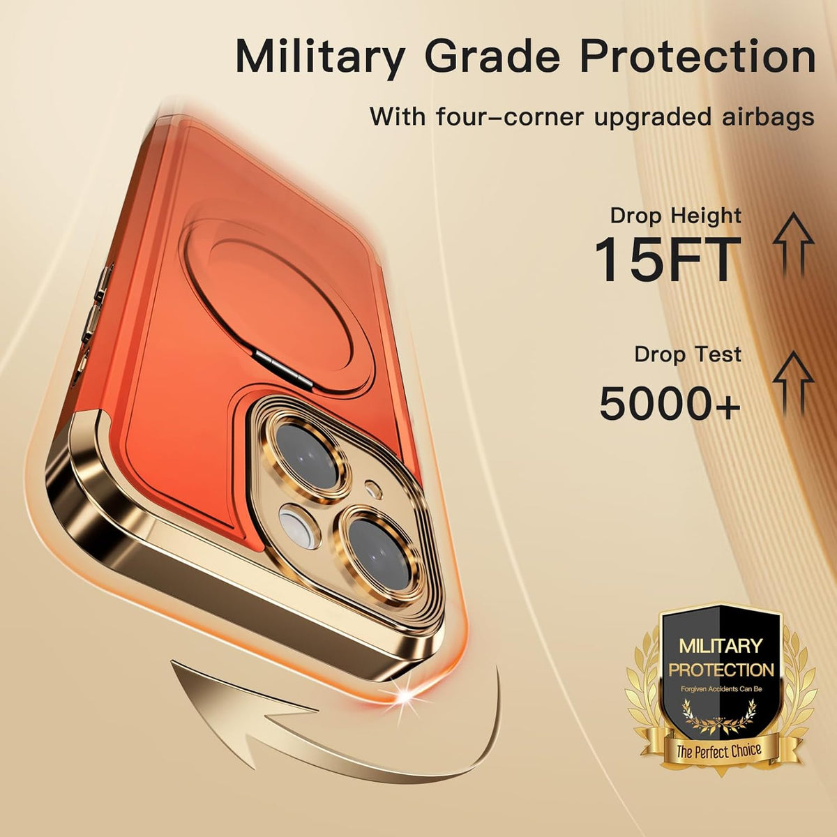 COOLQO for iPhone 14 Case 6.1'' Upgraded 360° Spin Magnetic Stand [Compatible with Magsafe][Military Grade Drop Protection] Shockproof Protective Phone Holder Cover for iPhone 14, Orange Gold