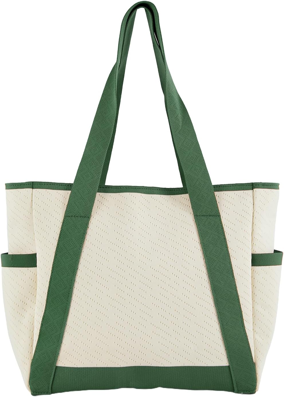 Large Canvas Tote Bag,White and Green, with Laptop Sleeve and Multiple Pockets