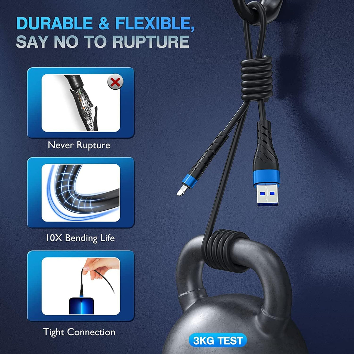 OIITH Apple MFi Certified iPhone Charger Cable 3 Pack 10 Ft, Extra Long Lightning Charging Cord, Fast 2.4A iPhone USB Cord Compatible with iPhone12/11/XS/Max/XR/X/8/8P/7P/6/iPad - Blue