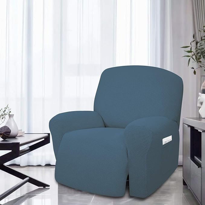 Easy-Going 4 Pieces Oversized Recliner Stretch Sofa Slipcover Sofa Cover Furniture Protector Couch Soft with Elastic Bottom Polyester Spandex Jacquard Fabric Small Checks Bluestone,X-Large